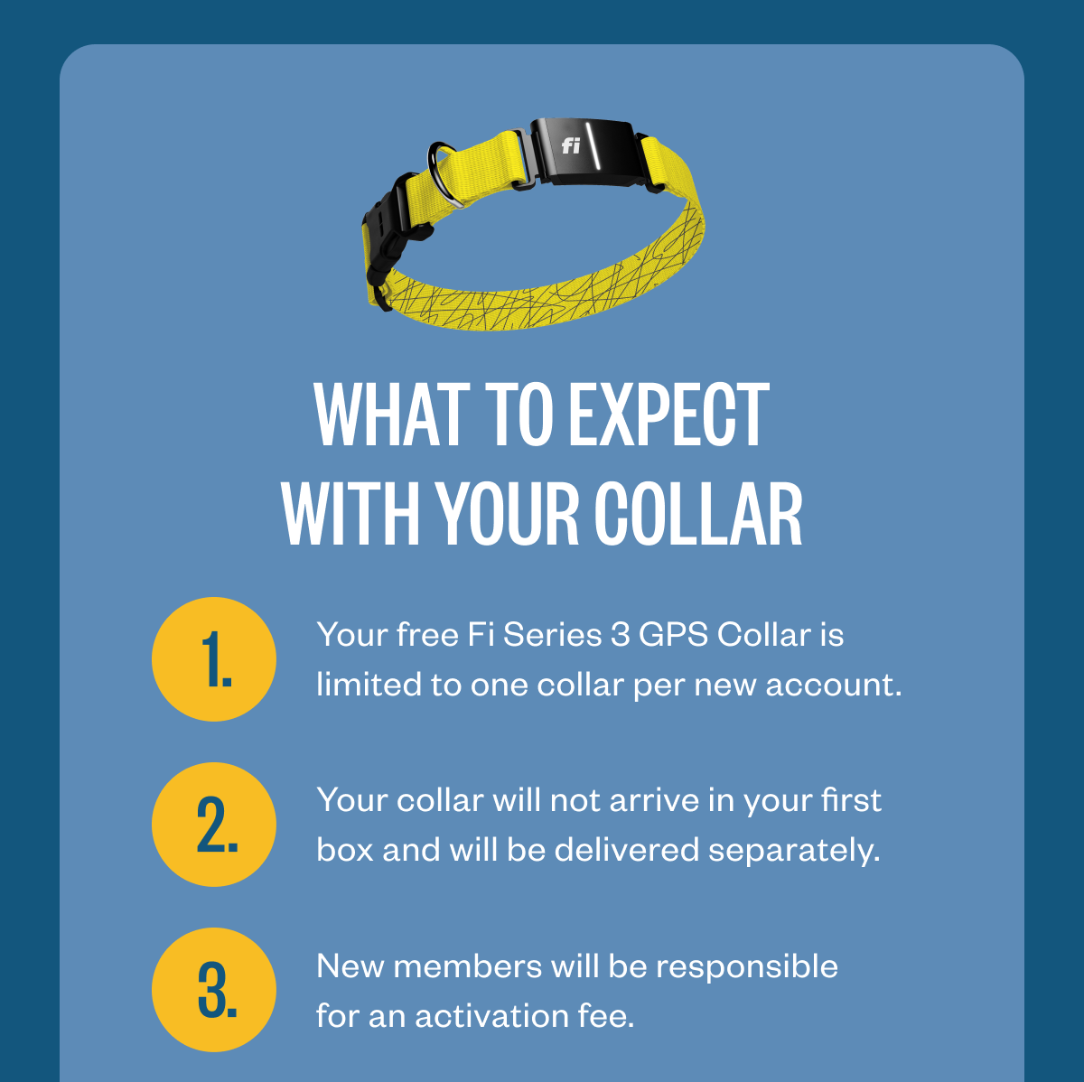 What to expect with your collar Your free Fi Series 3 GPS Collar is limited to one collar per new account. Your collar will not arrive in your first box and will be delivered separately. New members will be responsible for an activation fee.