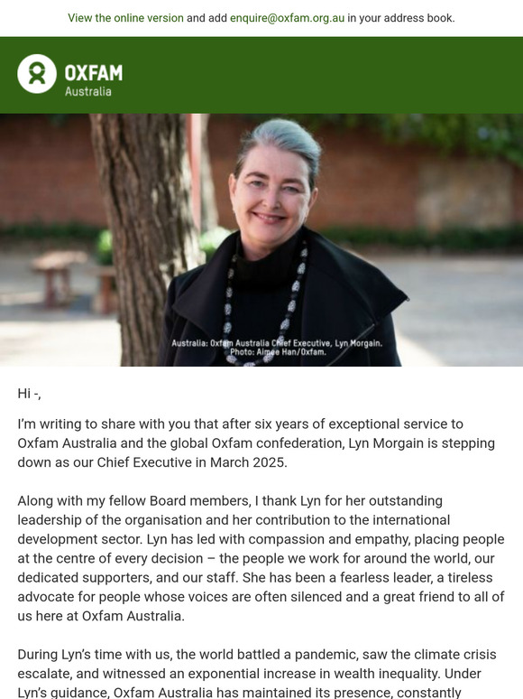 Oxfam Australia farewells Chief Executive Lyn Morgain