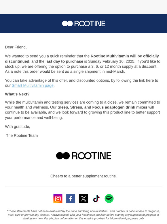 Reminder: Last Chance to Purchase the Rootine Multivitamin