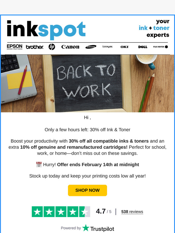 Only a few hours left: 30% off ink & toner