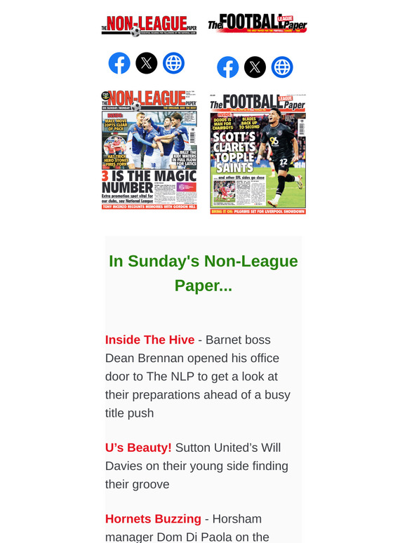 IN SUNDAY'S PAPERS > NLP: Barnet boss Dean Brennan opens his door to the NLP / Sutton United's Will Davies on finding their grove // FLP: John Eustace swaps Blackburn for Derby / Big Interview with Chris Hughton
