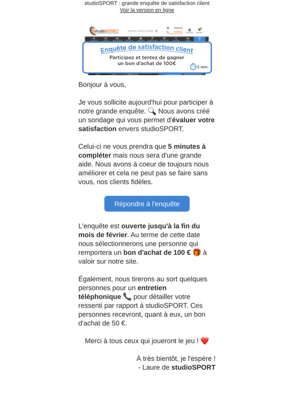 Enquête de satisfaction client studioSPORT ⭐ Votre avis est précieux pour notre amélioration continue !