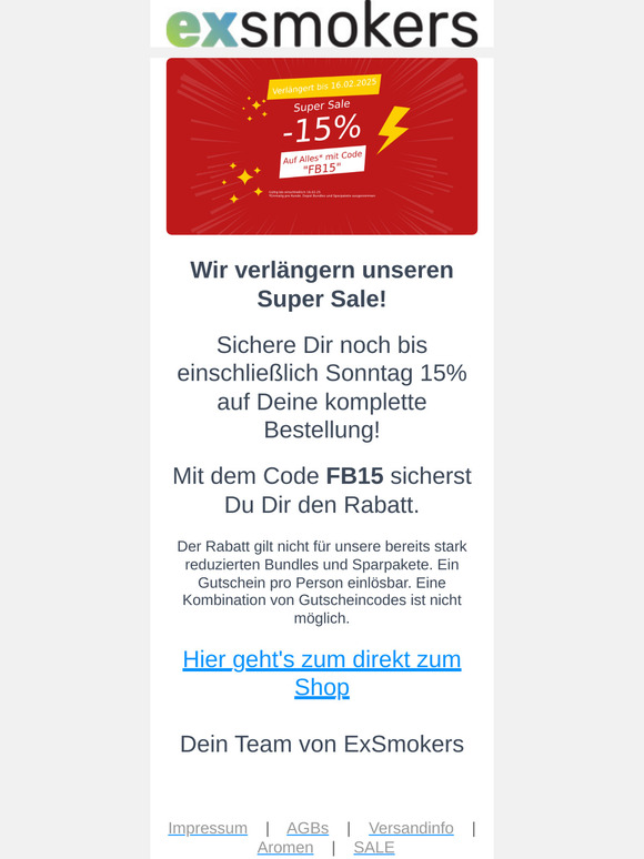 Wir verlängern! 15% auf Deine Bestellung!