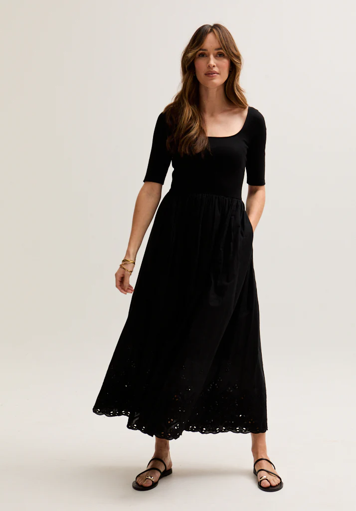 Image of Sydney Short Sleeve Jersey Bodice Embroidered Midi Dress In Black