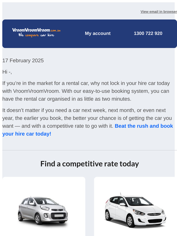 Get a great rate on a hire car today with VroomVroomVroom!