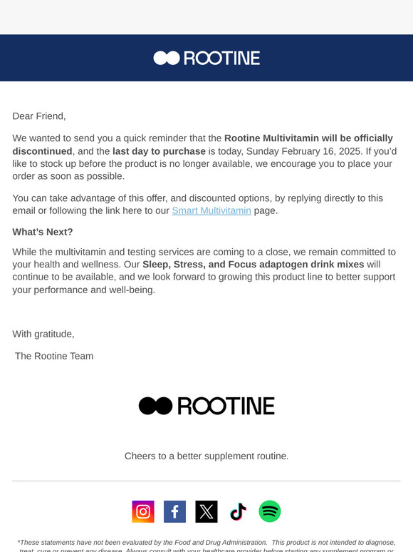 FINAL Reminder: Last Chance to Purchase the Rootine Multivitamin