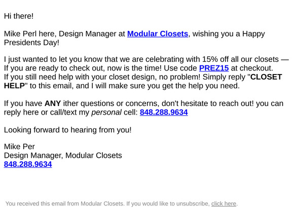 Presidential savings: 15% off all closets!
