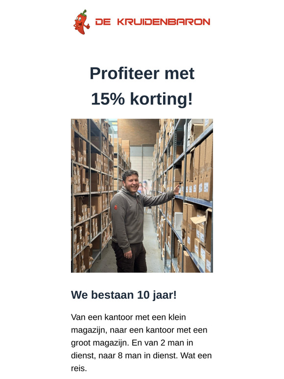 Profiteer direct van 15% korting want De Kruidenbaron is 10 jaar geworden!