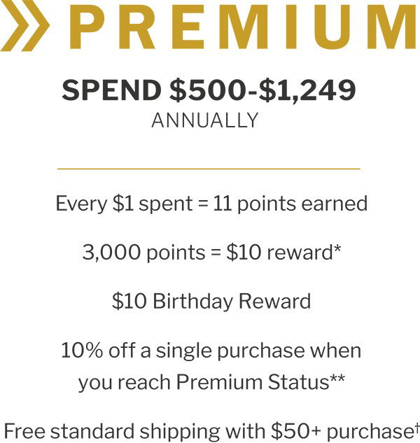 Premium Tier members spend $500-$1,249 annually. Every $1 spent = 11 points earned. Every 3,000 points = $10 reward.* Enjoy a $10 Birthday Reward and 10% off a single purchase when you reach Premium Status.** Also, FREE shipping with a $50+ purchase!