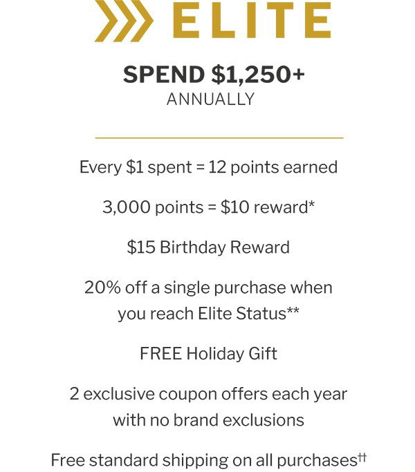 ELITE MEMBERS spend $1,250+ annually and earn 12 points with every $1 spent. Every 3,000 points = $10 reward.* Enjoy a $15 Birthday Reward, a FREE holiday gift and 20% off a single purchase when you reach Elite Status.** Also, 2 exclusive coupon offers each year with no brand exclusions and FREE shipping on all purchases! 