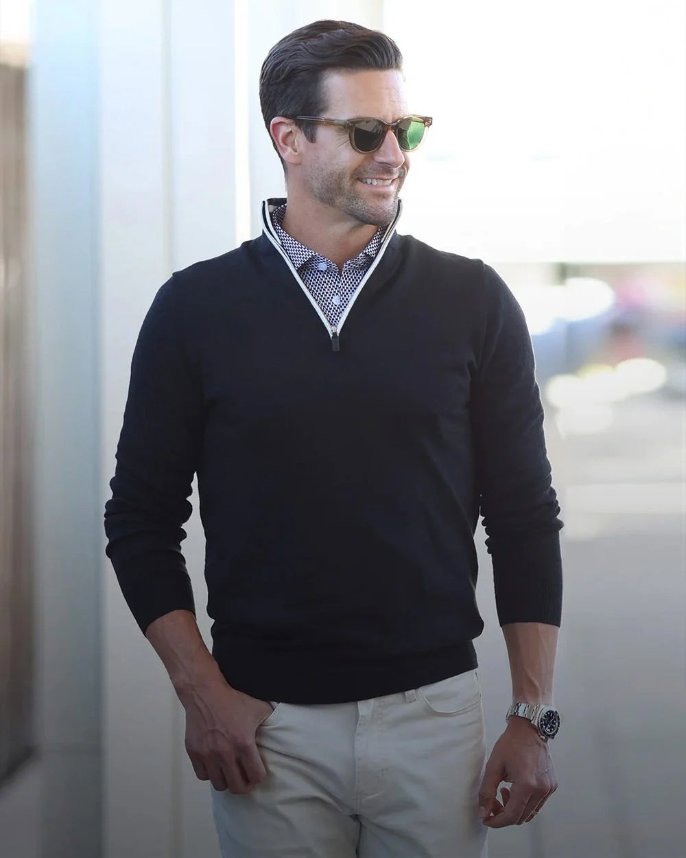 a man wearing sunglasses and a black sweater