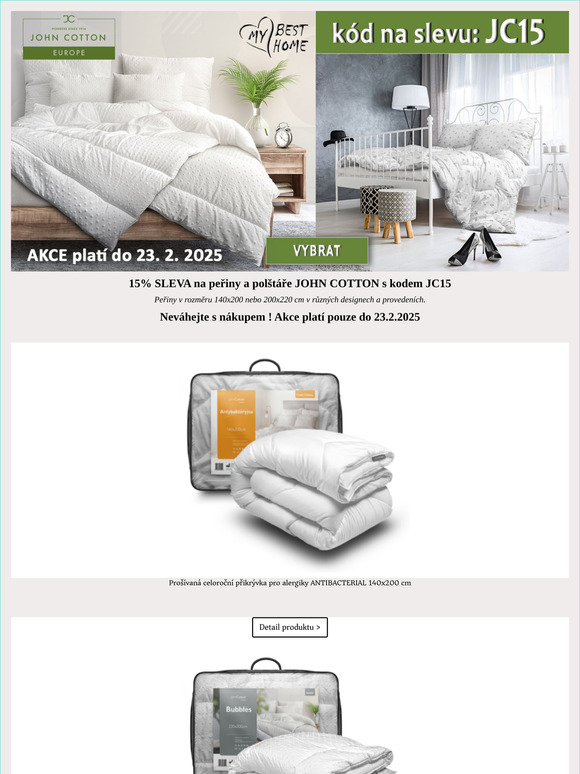15% AKČNÍ SLEVA na peřiny a polštáře John Cotton na MyBestHome
