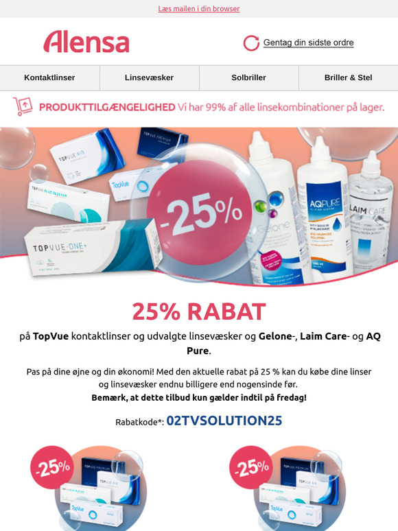 TopVue linser og linsevæsker med 25% rabat.