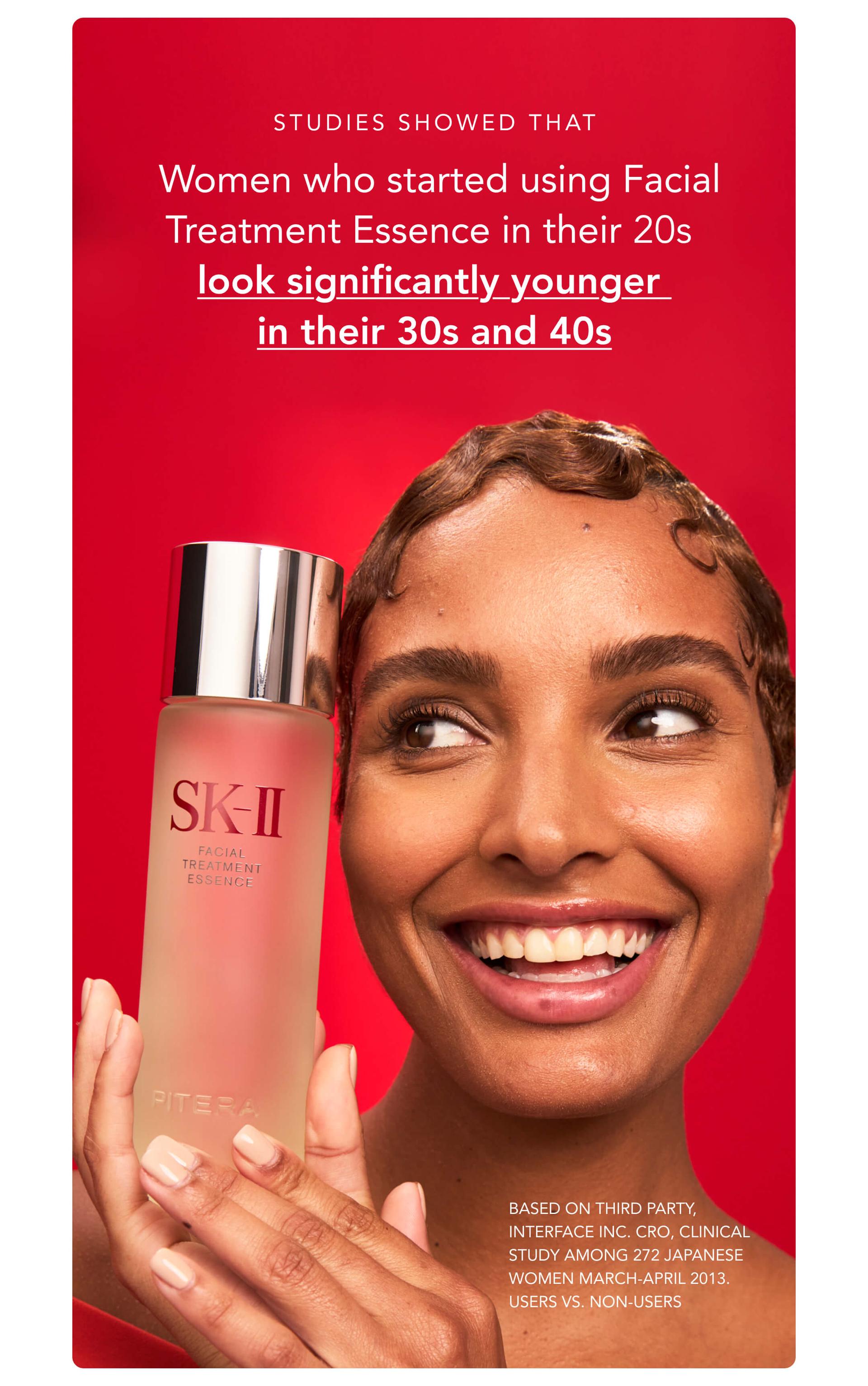 Studies showed that women who started using Facial Treatment Essence in their 20s look significantly younger in their 30s and 40s - Based on third party, Interface Inc. CRO, clinical study amon 272 Japanese women March-April 2013.  Users vs. Non-users