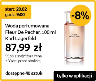 Start: 19.02 godz. 9:00 | Woda perfumowana Fleur De Pecher, 100 ml Karl Lagerfeld | 87,99 zł | 95,99 zł najniższa cena z 30 dni przed obniżką | dostępne 40 sztuk | -8% | Tylko w aplikacji