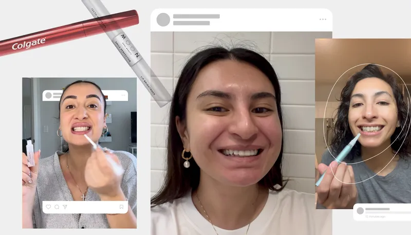 Multiple Allure editors applying teeth whitening pens on a social media-themed background