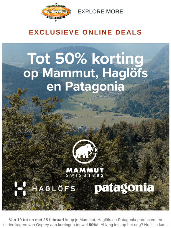 Tot 50% korting op Mammut, Haglöfs en Patagonia | Enkel online!