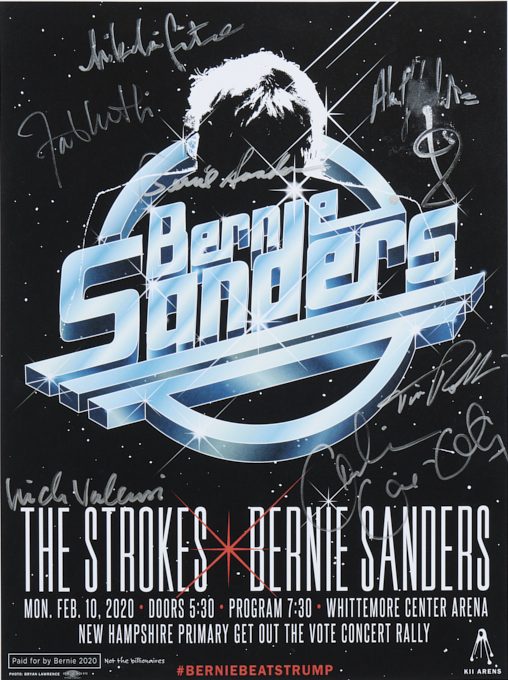 The Strokes for Bernie Sanders concert poster, signed by Bernie Sanders, all five members of The Strokes, Alexandria Ocasio-Cortez, Tim Robbins, Cynthia Nixon, and other participants.