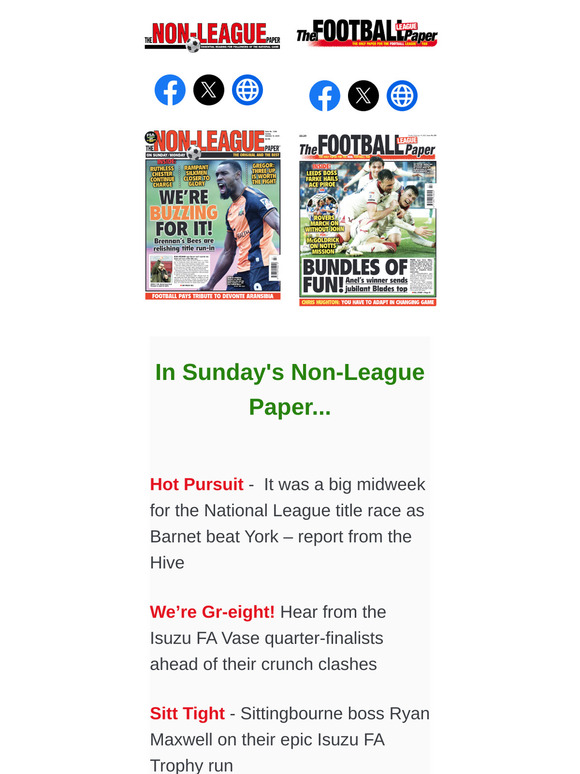IN SUNDAY'S PAPERS > NLP: Barnet vs York - report from top of the table clash / Hear from the FA Vase Quarter-Finalists ahead of their clashes // FLP: Sheffield United and Leeds go to battle on Monday - Full Preview / How Plymouth Argyle boss Miron Muslic has got the Green Army believing again