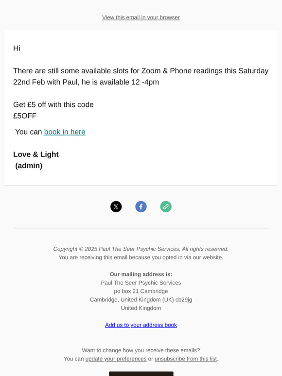 Phone & Zoom Reading Slots Available Saturday 22nd feb