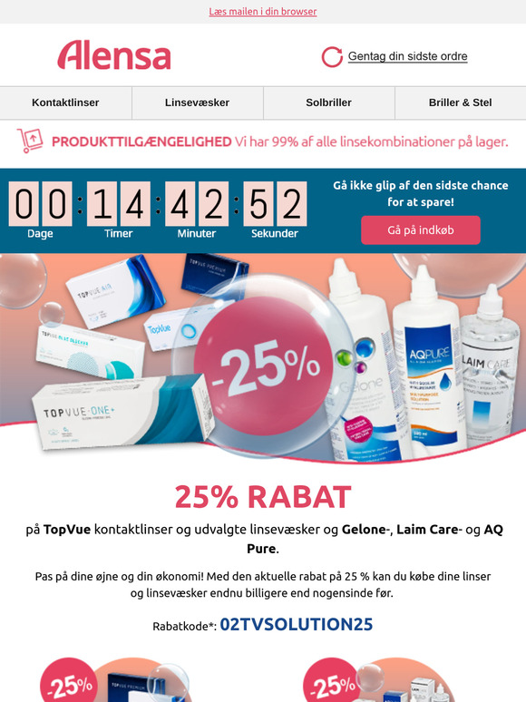 Kun i dag: 25% rabat på TopVue-kontaktlinser og udvalgte linsevæsker.