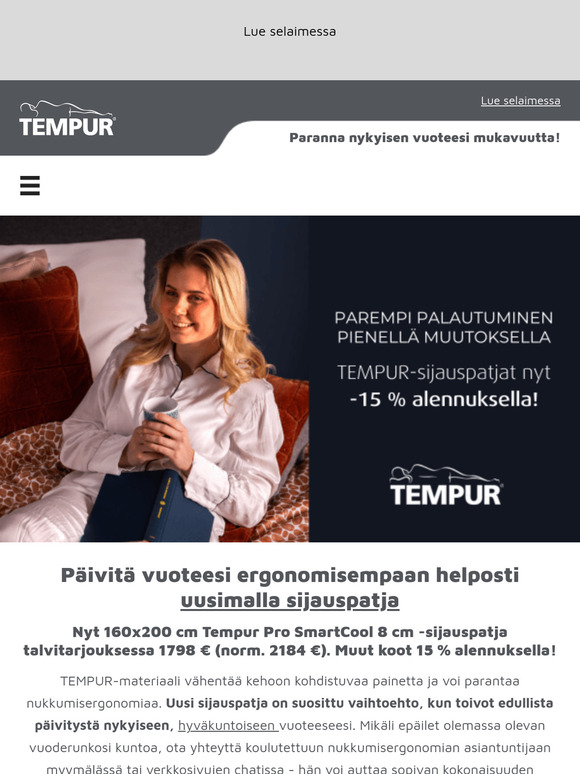 Sijauspatjan vaihto edessä? TEMPUR-sijauspatjat nyt -15 %! 🧡 Hyödynnä upea tarjous ja päivitä vuoteesi!