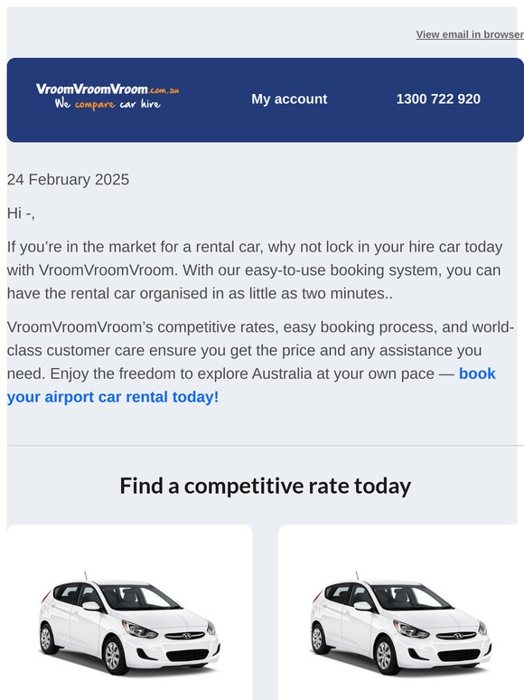 Get a great rate on a hire car today with VroomVroomVroom!