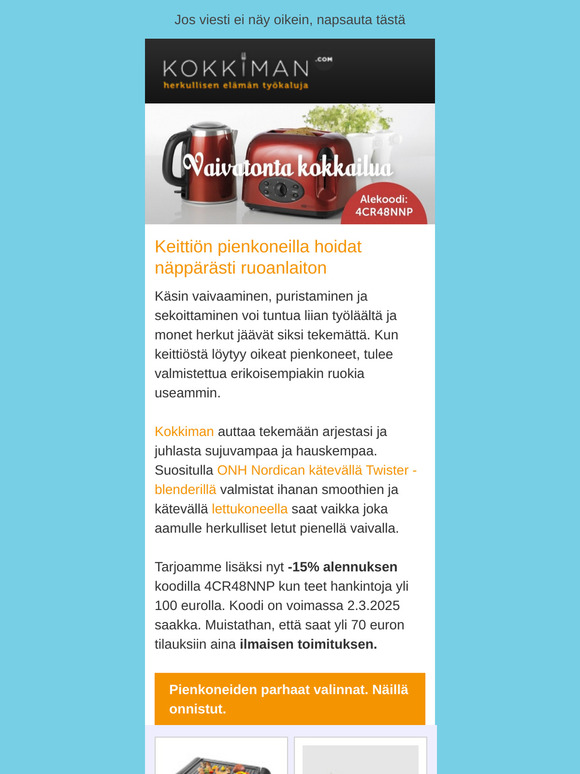 Keittiön pienkoneet arjen apulaisiksi. Hyödynnä nyt -15% alennuskoodi.