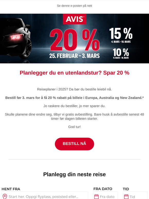Spar 20% på leiebil i utlandet