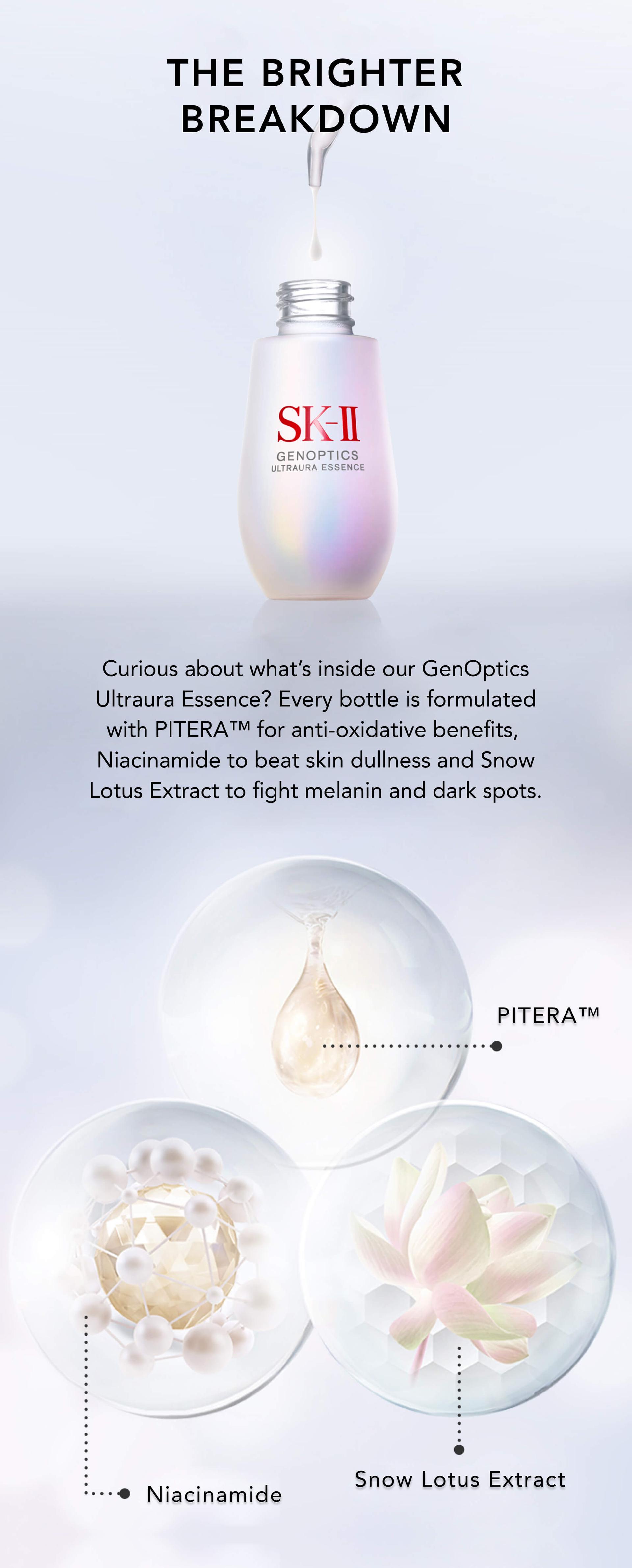 The Brighter Breakdown - Curious about what's inside our GenOptics Ultraura Essence?  Every bottle is formulated with PITERA™️ for anti-oxidative benefits, Niacinamide to beat skin dullness and Snow Lotus Extract to fight melanin and dark spots.