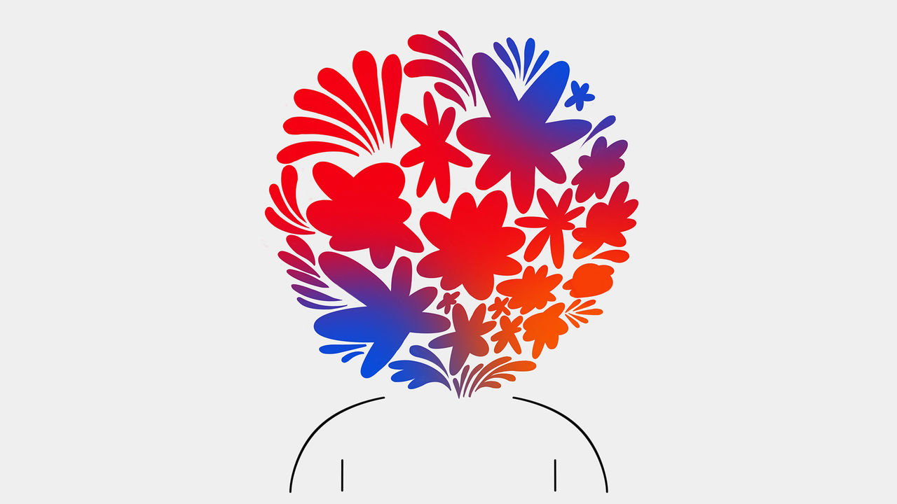 A minimal illustration with red and blue patterns in place on someone's head