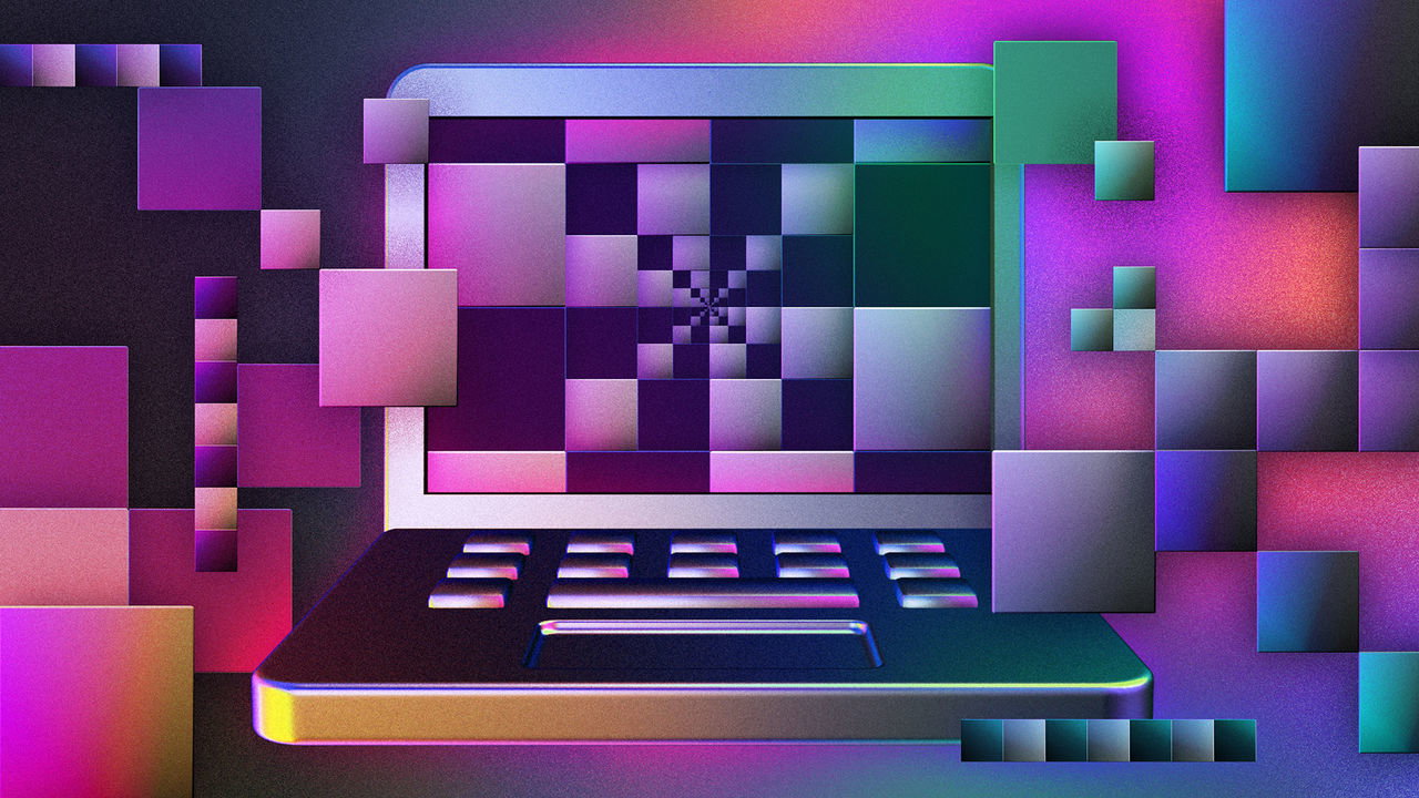 Stylisted 3D laptop with a decending chess square pattern going into the screen. The squares are also outside of the screen
