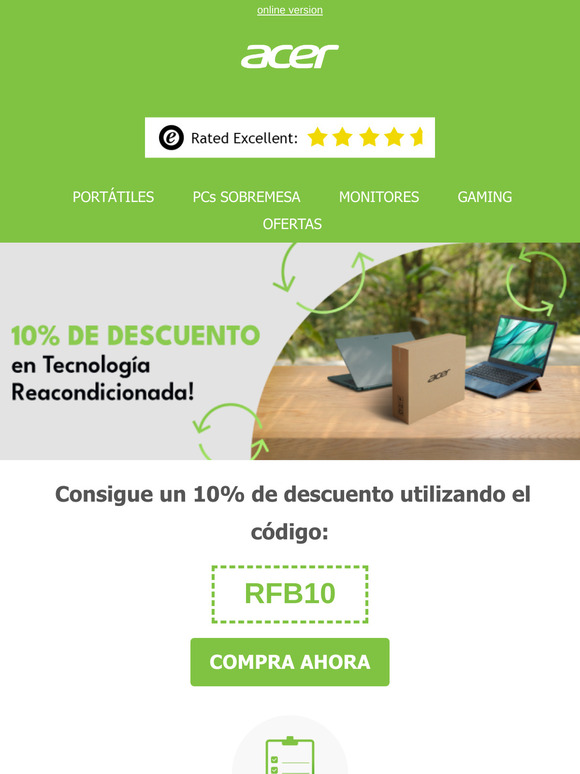 🔄 ¡10% DE DESCUENTO en tecnología Acer reacondicionada y certificada!