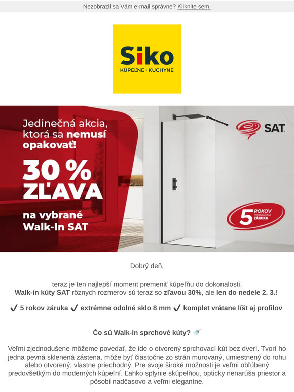 Jedinečná 30% zľava na vybrané Walk-In sprchové kúty SAT