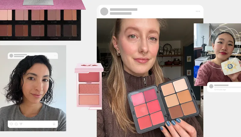 Collage of the best blush palettes and selfies of people smiling, the center person holding up a large palette