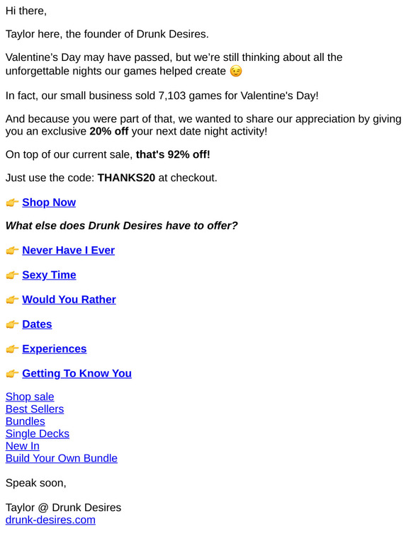 RE: 20% off your next order