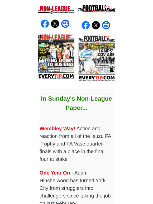 IN SUNDAY'S PAPERS > NLP: Isuzu FA trophy & FA Vase quarter-finals / FC Halifax Town boss Chris Millington on producing EFL talent // FLP: Reports from the FA Cup fifth round / Chris Dunlavy on Frank Lampard's impact at Coventry