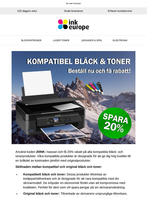 Sista chansen i dag! Spara 20% på bläck och toner!