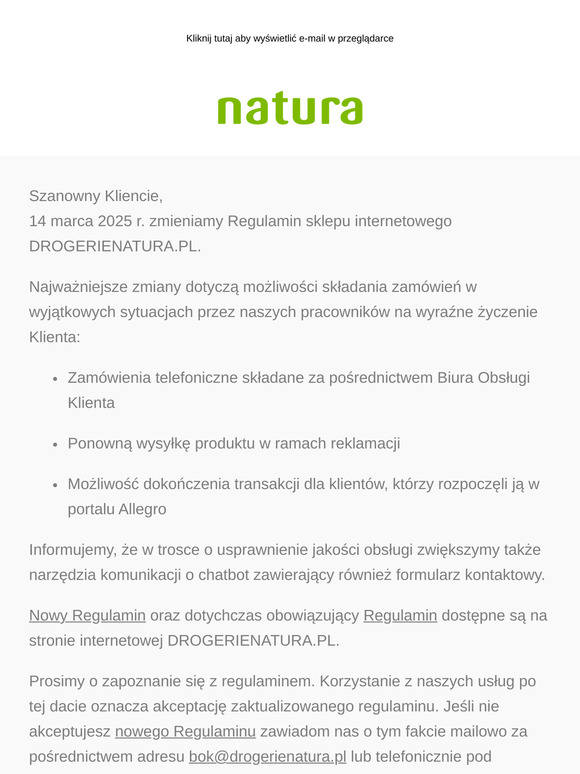 Informacja o zmianie Regulaminu sklepu internetowego Drogerie Natura