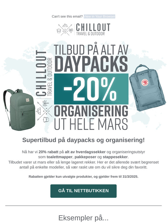 Tilbud på alle daypacks og alt innen organisering! 🎒