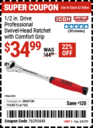 ICON 1/2 in. Drive Professional Swivel Head Ratchet with Comfort Grip