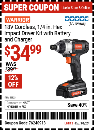 WARRIOR 18V Cordless 1/4 in. Hex Impact Driver Kit with Battery and Charger