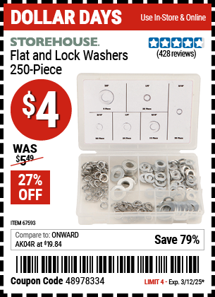 STOREHOUSE Flat and Lock Washers, 250 Piece