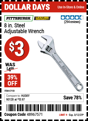 PITTSBURGH 8 in. Steel Adjustable Wrench