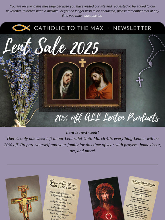 Last week for 20% off Lent items!