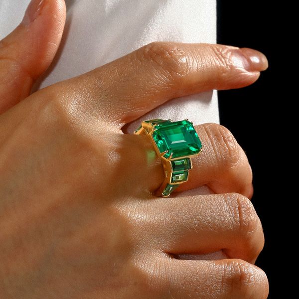 Golden Seven Stone Emerald Engagement Ring Unique Engagement Ring