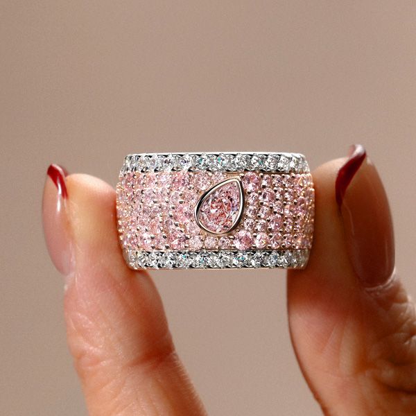 Italo Micro-Pave Emerald & Pear Shaped Pink Stone Multi Row Band