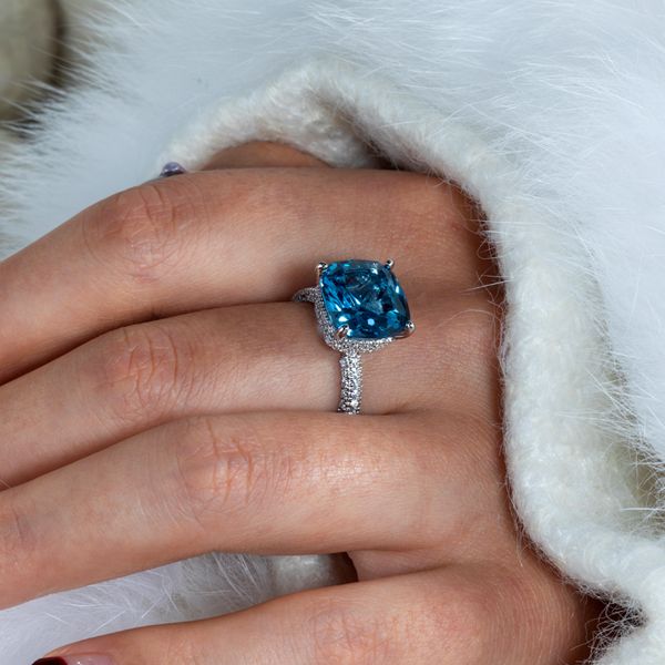Italo Blue Topaz Ring Hidden Halo Cushion Cut Engagement Ring