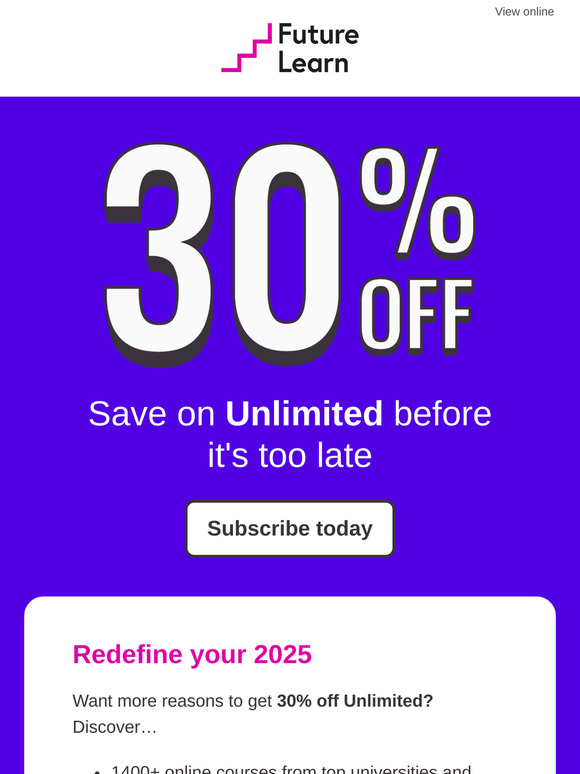 3 DAYS TO GO: 30% off Unlimited learning