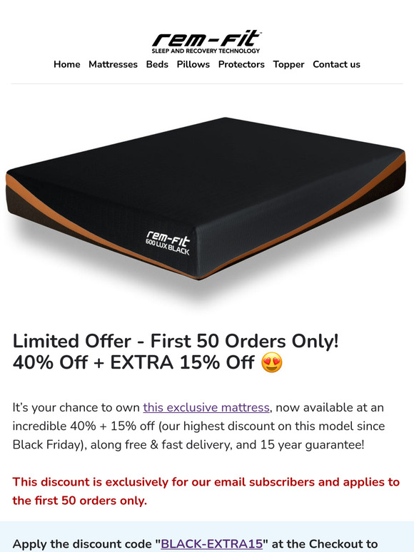 🔥 Final Call – EXTRA 15% Off the 600 Lux Black Edition Mattress! (Already 40% Off)